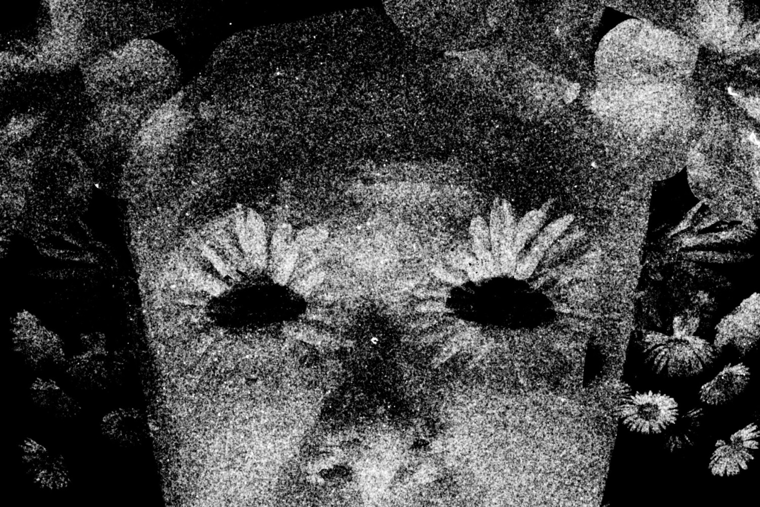 Haus Arafna in a grainy black-and-white double portrait surrounded by flowers