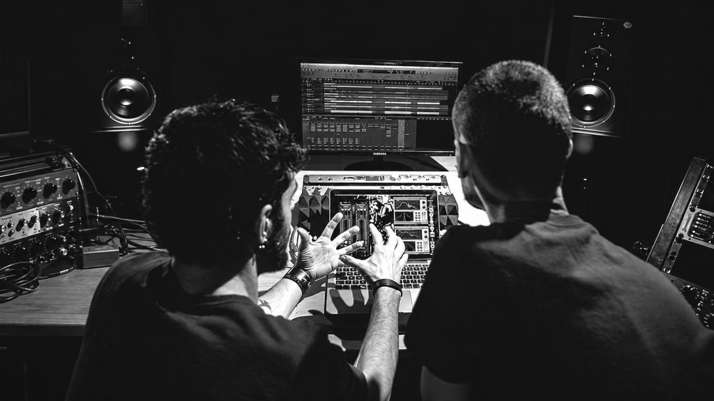 Daniele Antezza and Marco Donnarumma of Dadub working together at a studio desk.