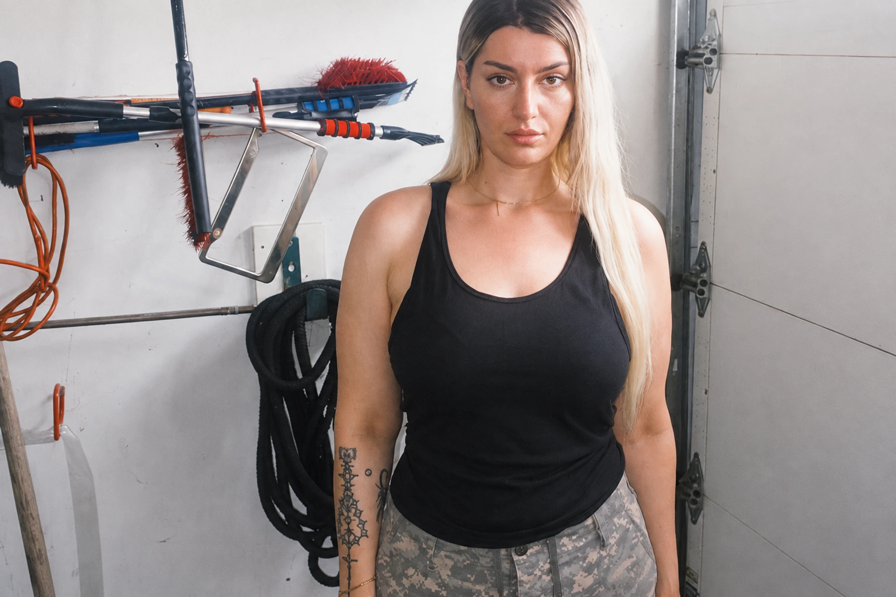 E-Saggila in a black top, standing in a garage.