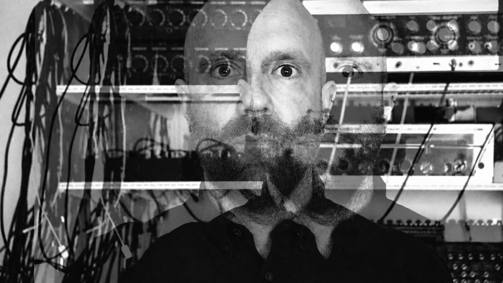 Celldöd in a layered portrait with synthesizers and studio equipment.
