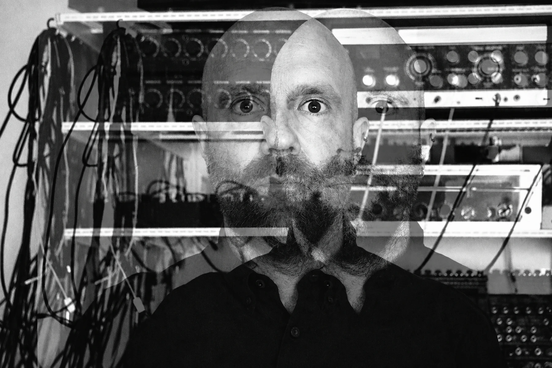 Celldöd in a layered portrait with synthesizers and studio equipment.