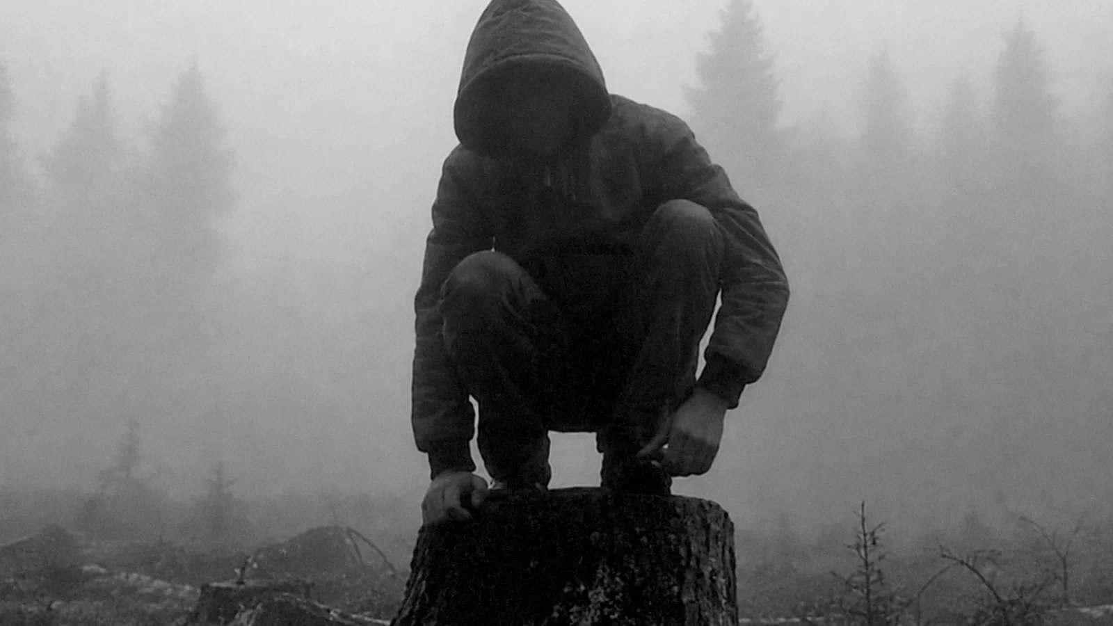Subkutan crouching in a hooded jacket in a misty landscape.
