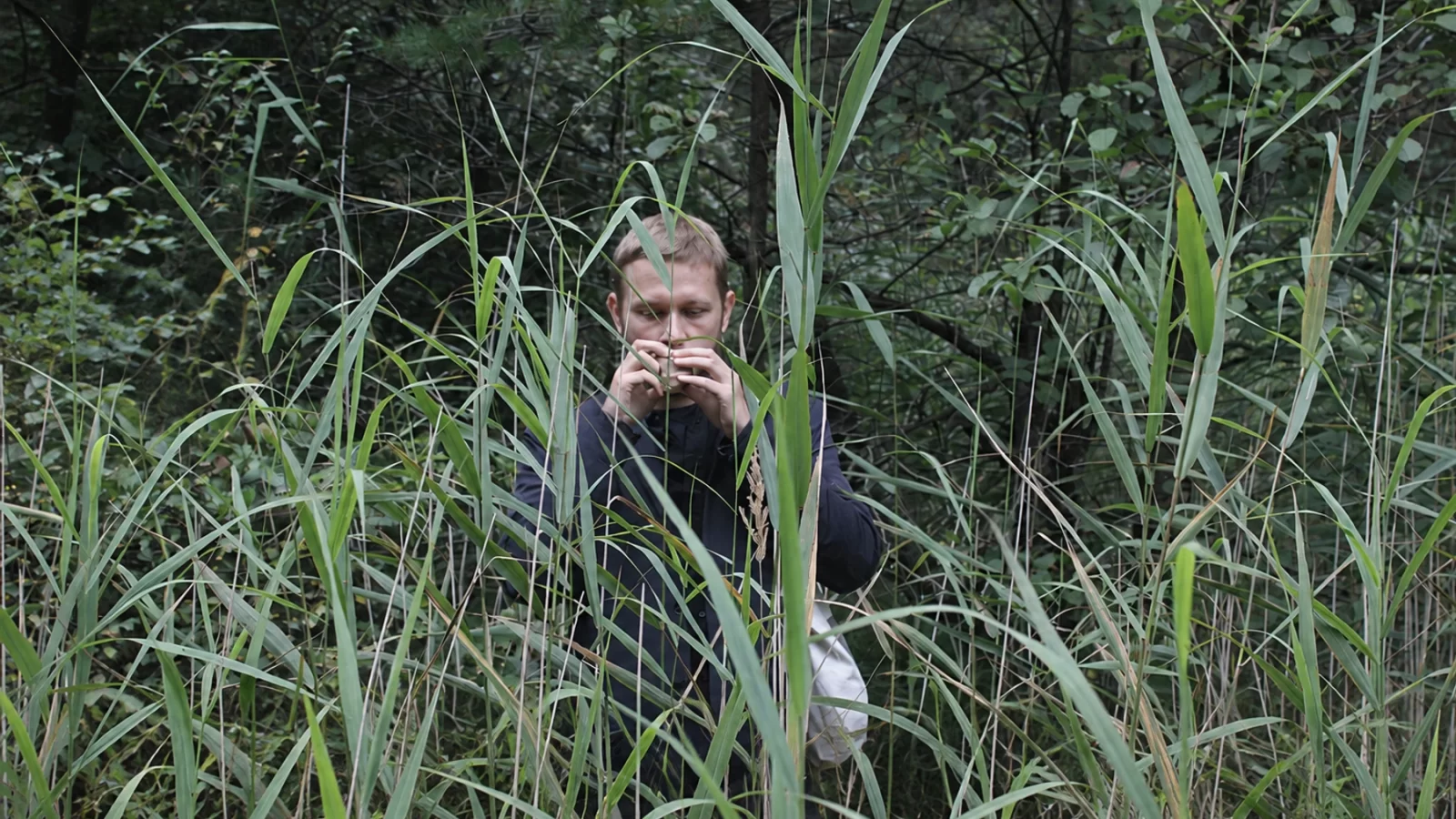 Arturas Bumšteinas playing among tall grasses and trees.
