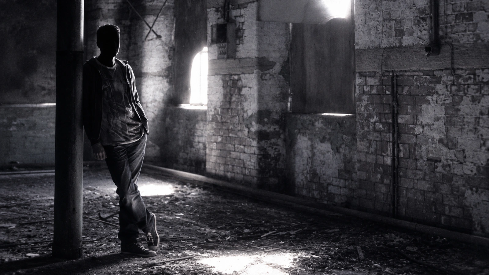 36 in an abandoned industrial room, his face completely concealed in shadow, with restrained blue-grey tones and natural grain.