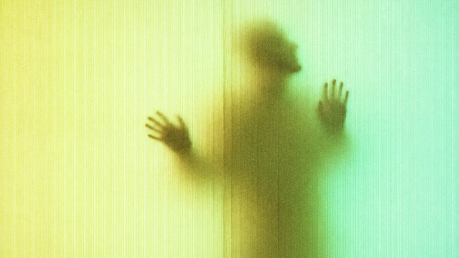 Steinbrüchel seen as a soft silhouette with both hands against green and yellow translucent glass.