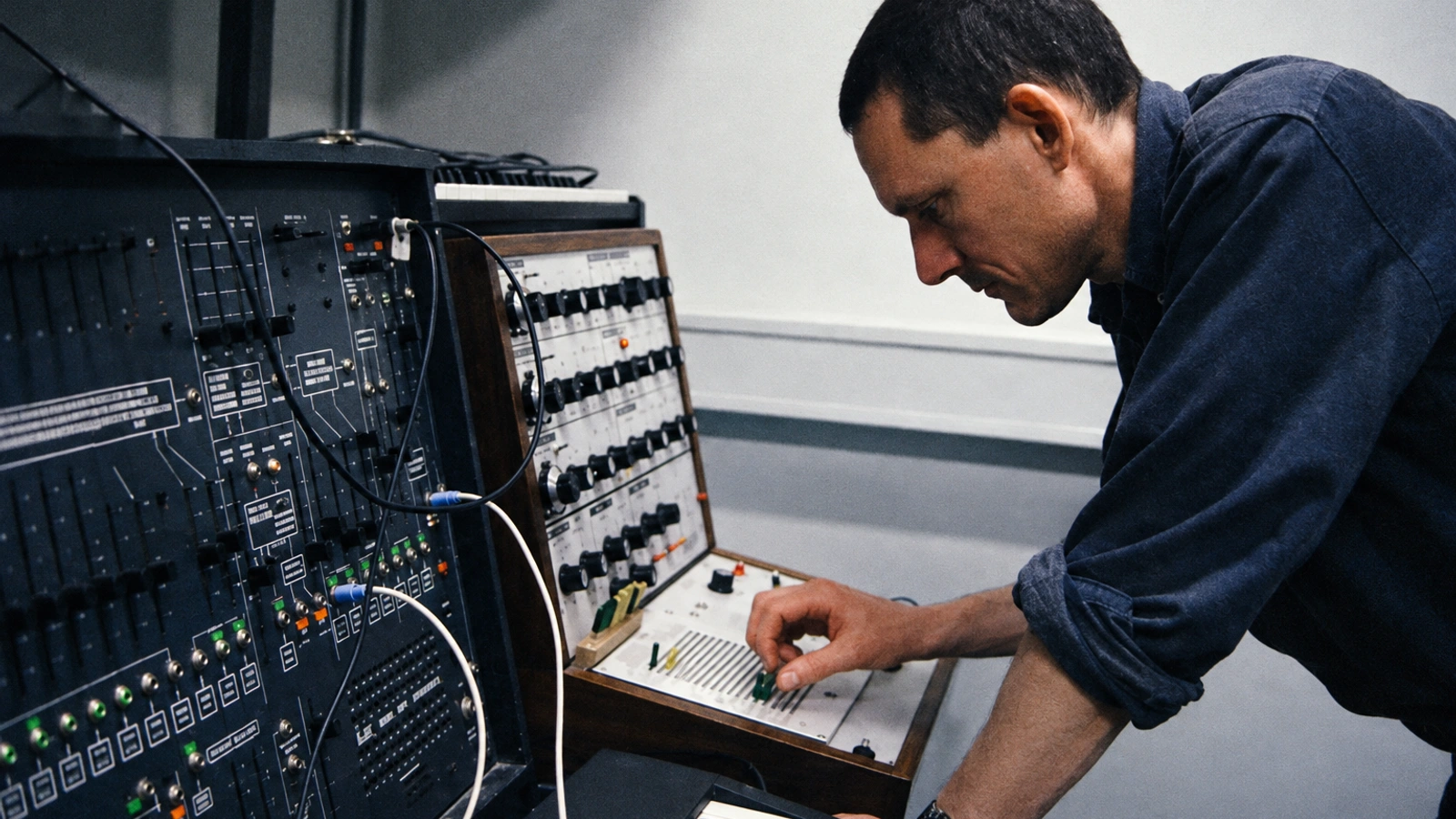 Roel Meelkop leaning over a synthesizer and modular equipment.