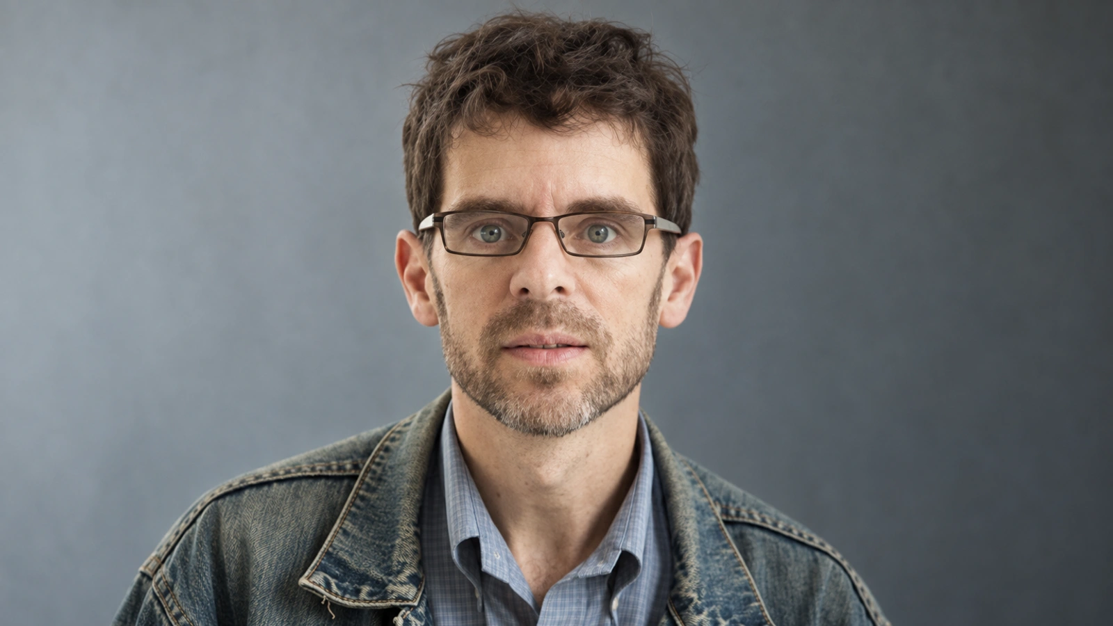 Stephen Vitiello wearing glasses and a denim jacket in a cool-toned portrait.