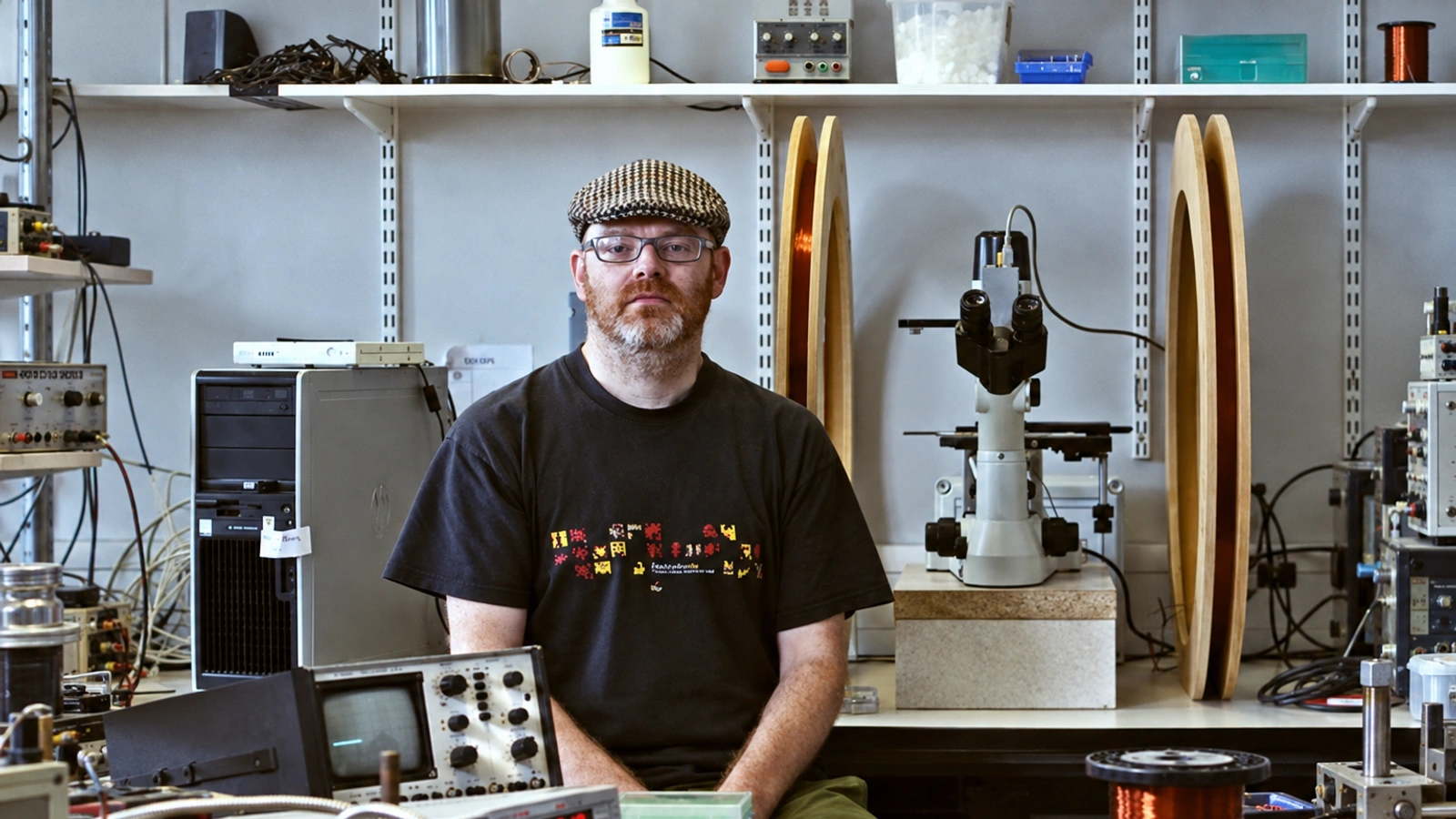Mark Fell seated among laboratory instruments, wearing a checked cap and glasses.