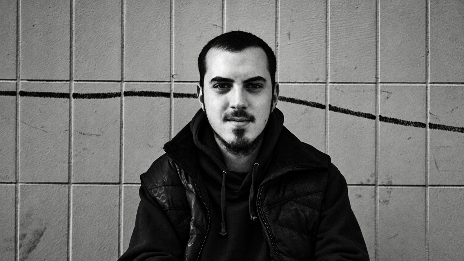 Shapednoise seated in black clothing against a tiled wall.