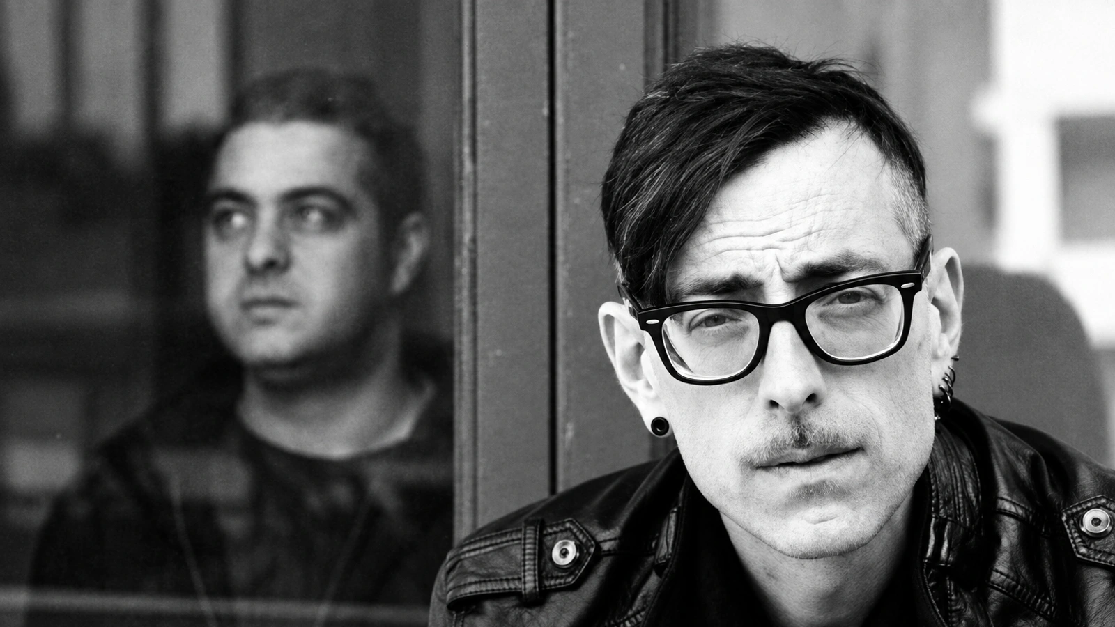 Retina.it in a monochrome portrait, one member in the foreground and the other softly visible behind glass.