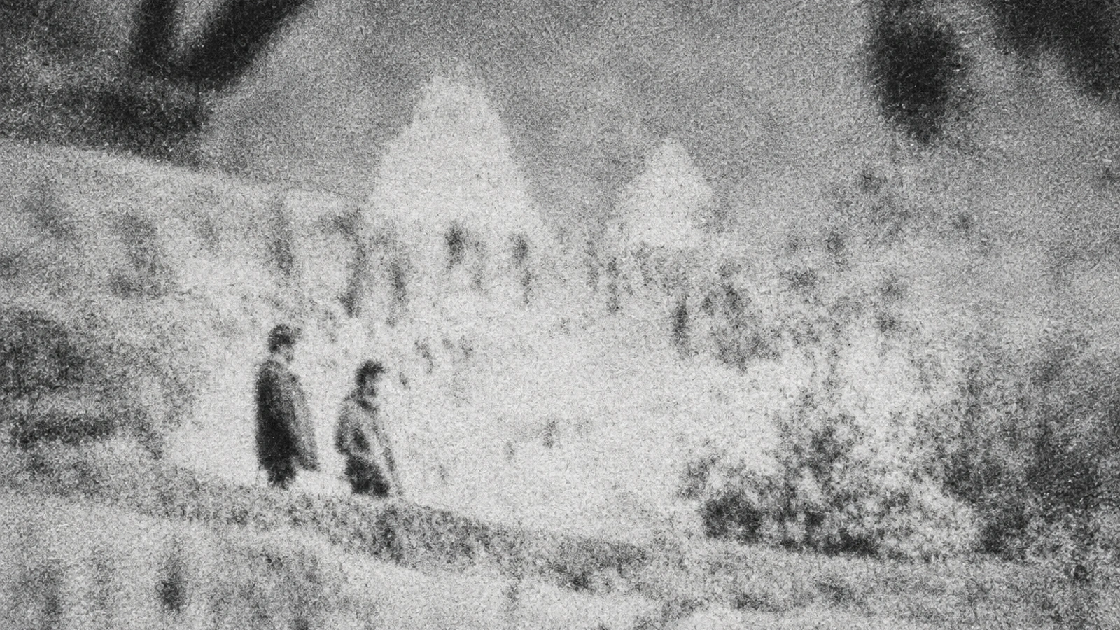 Two small distant figures in an abstract, heavily grained monochrome archival photograph.