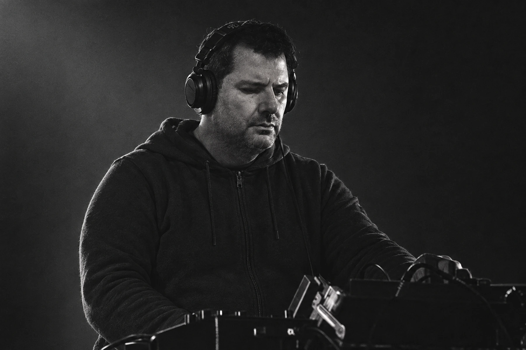 Mlada Fronta performing in black headphones and a dark hoodie against a subdued stage background.