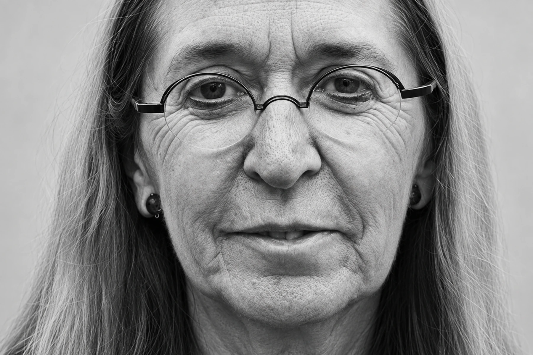 Close-up black-and-white portrait of Moniek Darge wearing round glasses.