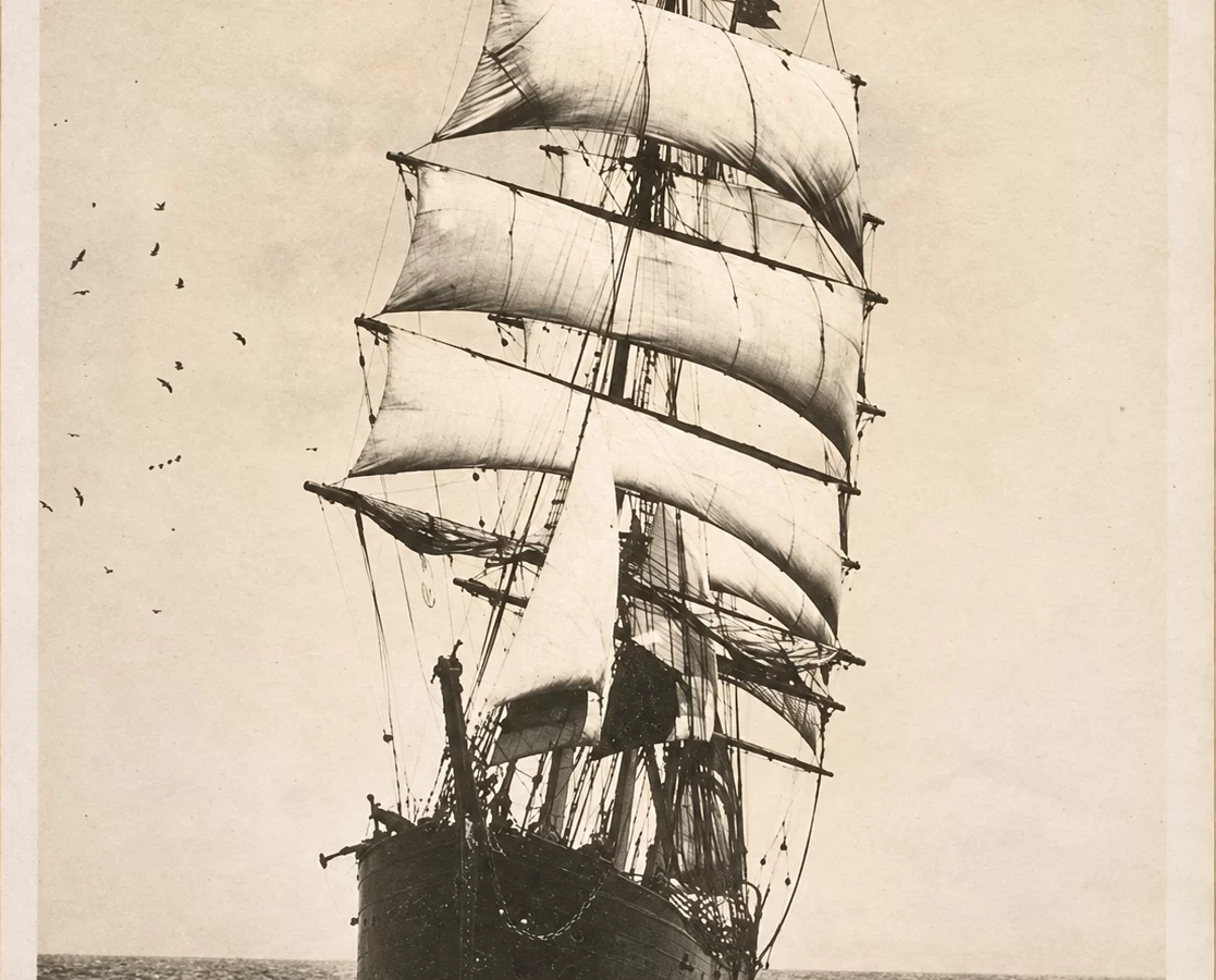 The Guide sailing ship artwork — AI-assisted restoration of the 2012 source.