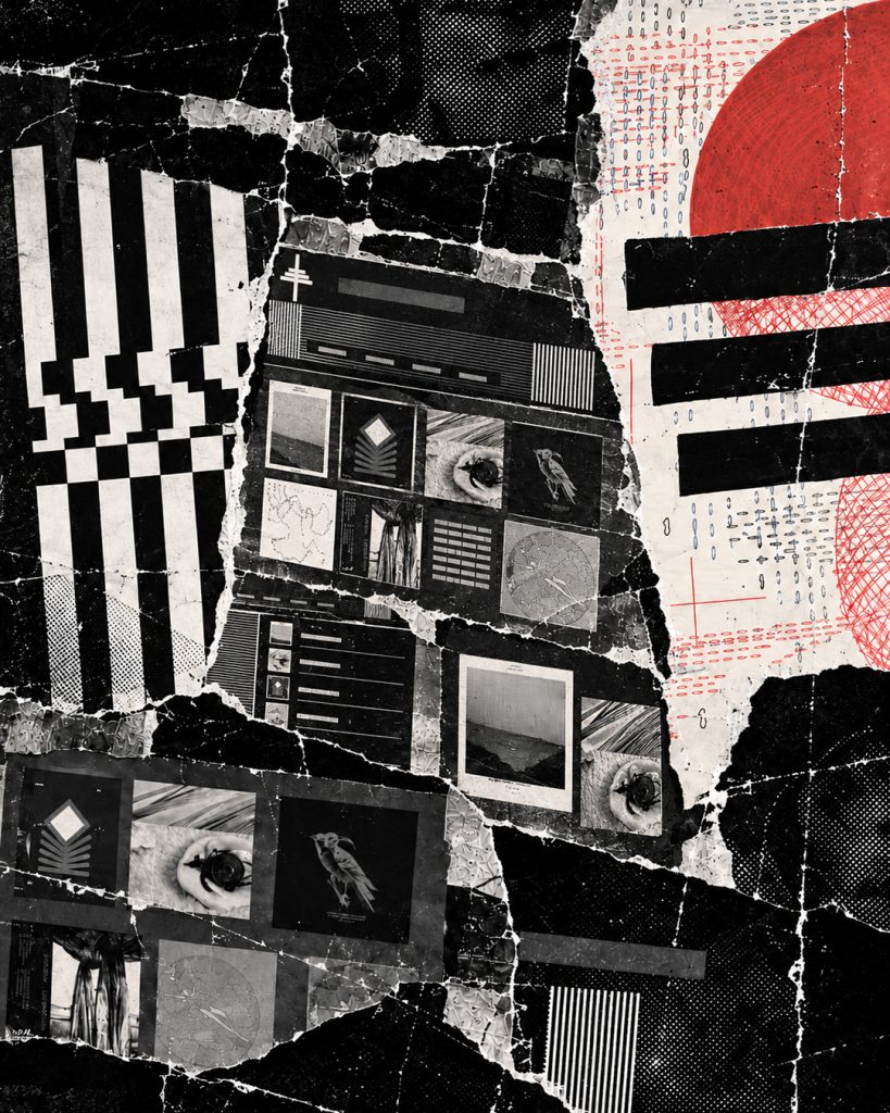 Torn paper collage of earlier Secret Thirteen website layouts and graphic fragments, in black and white with a red accent.