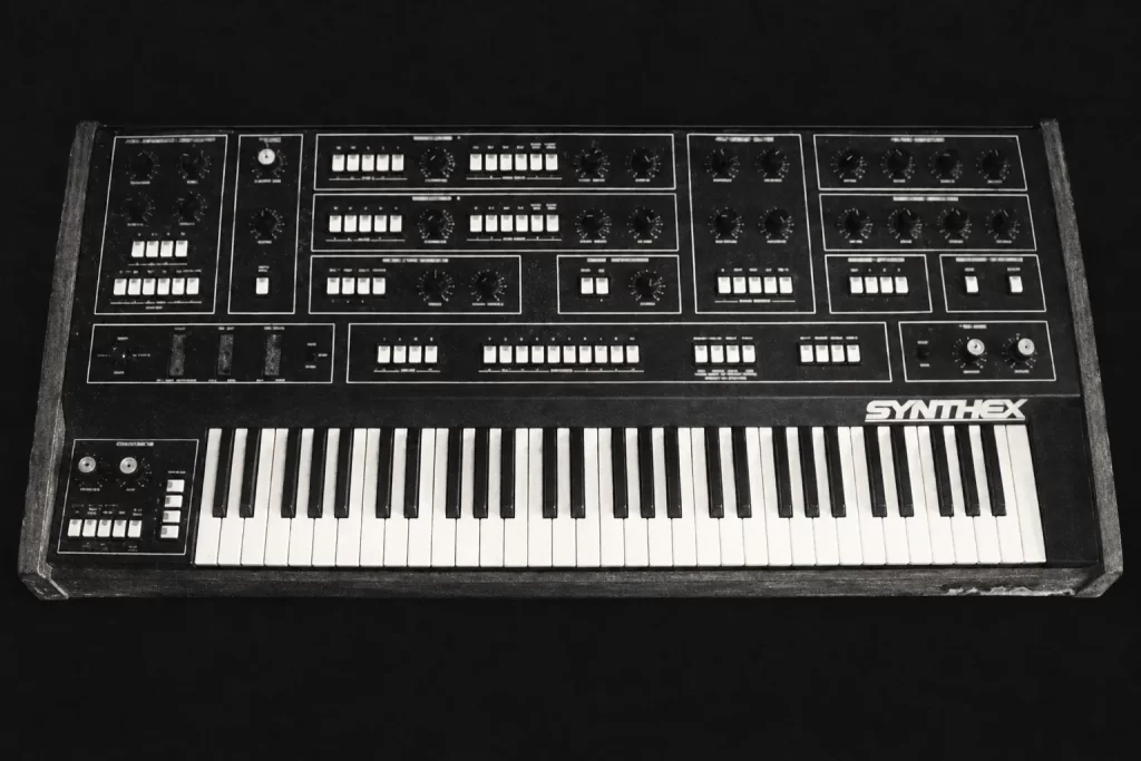 Monochrome illustration of a complete Elka Synthex keyboard synthesizer