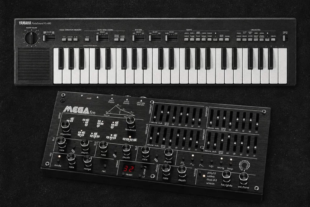 Monochrome instrument study combining a Yamaha PortaSound PS-400 keyboard and a Twisted Electrons MEGAfm MKII synthesizer