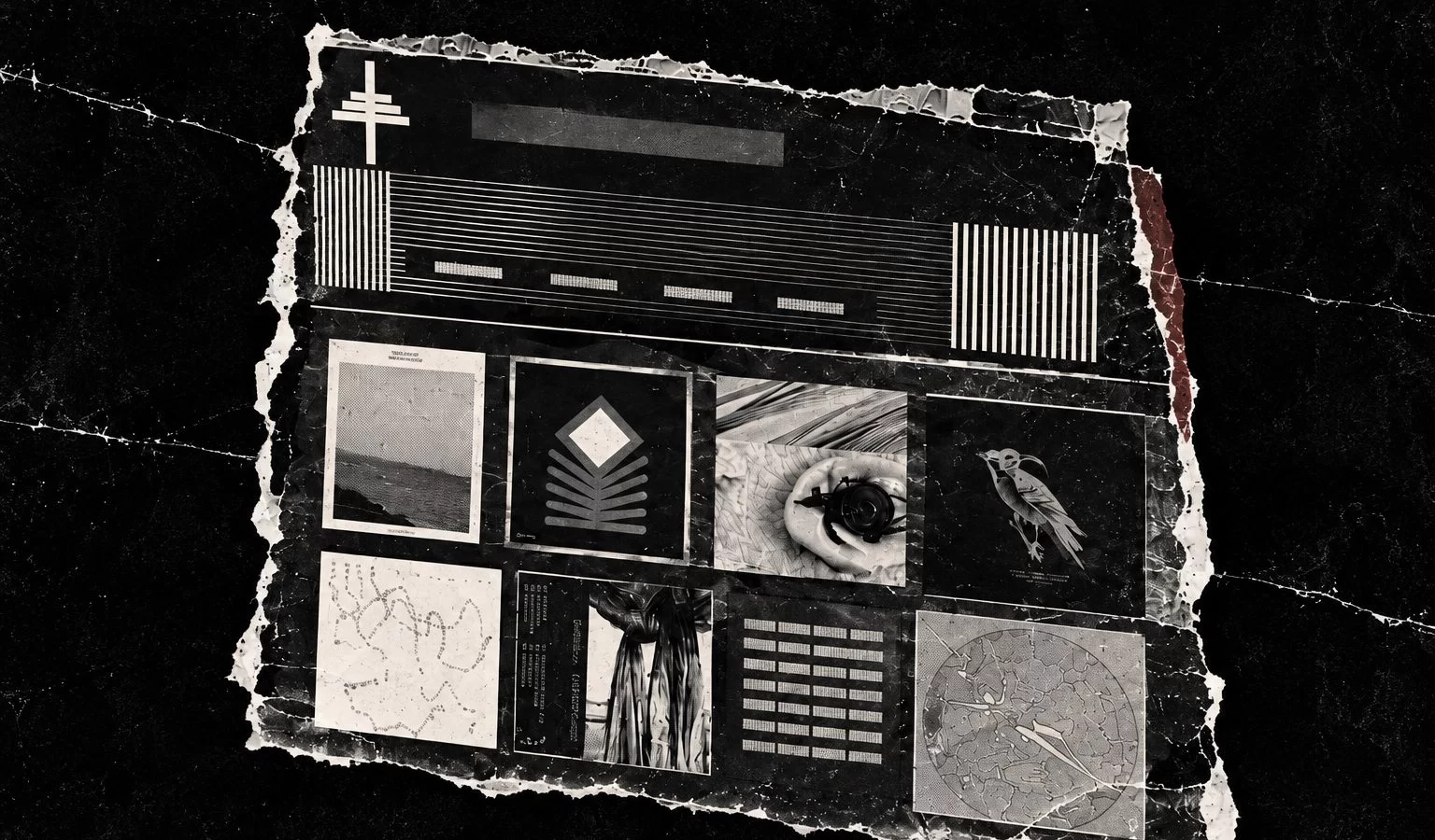 A torn fragment of an earlier Secret Thirteen website, with its old layout and artwork grid against black paper.