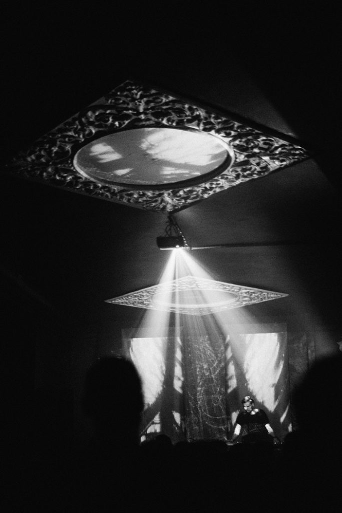 Stage lighting and the ceiling at a DAI event at Kablys