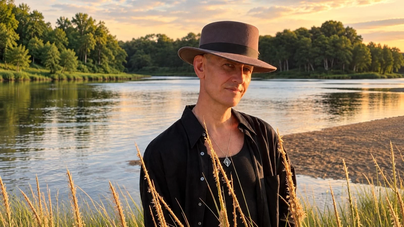 Tor Lundvall in a lakeside portrait, wearing a hat and black shirt
