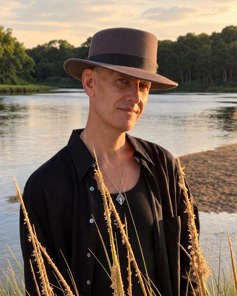 Tor Lundvall in a lakeside portrait, wearing a hat and black shirt